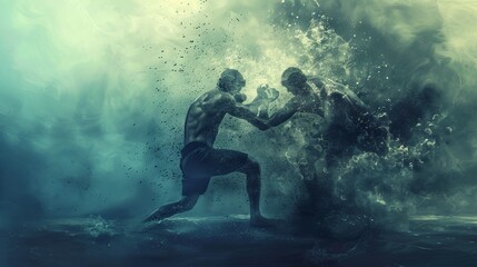 This image portrays a mysterious and powerful encounter between two fighters in an ethereal and abstract misty environment, highlighting their strength and determination.