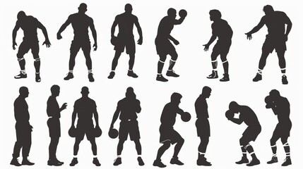 Naklejka premium Collection of silhouetted boxers showcasing different dynamic poses and stances, perfect for training, fitness, and martial arts themed projects.