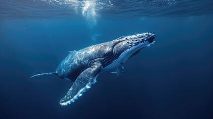 Fototapeta premium Humpback Whale Leaping Above the Sea in the Evening Light