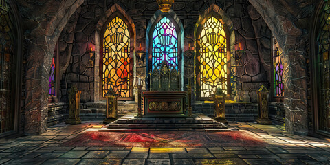 Fototapeta premium The Divine Balance: Stained glass windows, a wooden altar, and a crown adorn a stone archway.