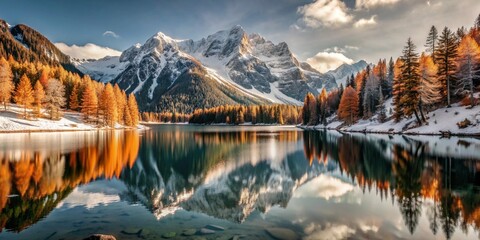 Generative ai. majestic snow-capped mountains, crystal-clear lake, autumnal forest with vibrant orange trees, calm water with perfect reflection, dramatic sky with clouds, serene natural landscape