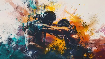 Fototapeta premium A vibrant and energetic abstract painting captures the dynamic and powerful clash between two fighters, using bold and colorful splashes to depict their intense struggle.