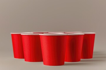 A group of red cups sitting on a table, often used for parties or gatherings