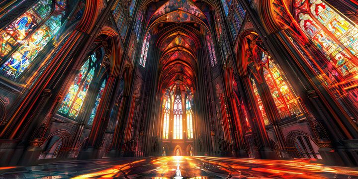 The Ecclesiastical Edifice: A grand cathedral's intricate stained-glass windows bathe its interior in hues of red and gold.