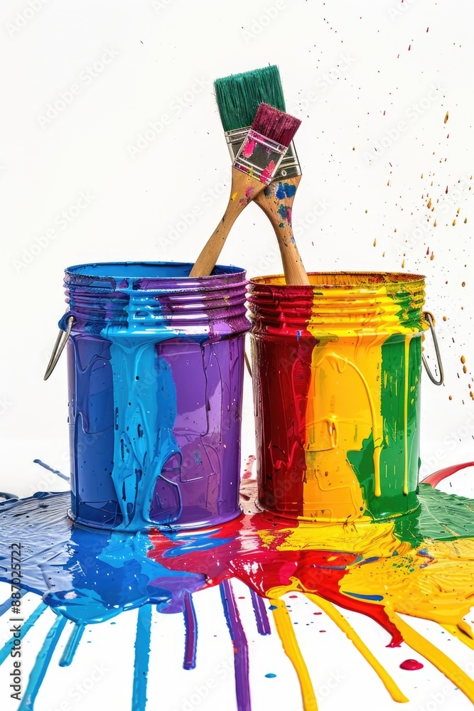 Poster Two paint cans with brushes and a spatula, ideal for art projects or DIY tasks