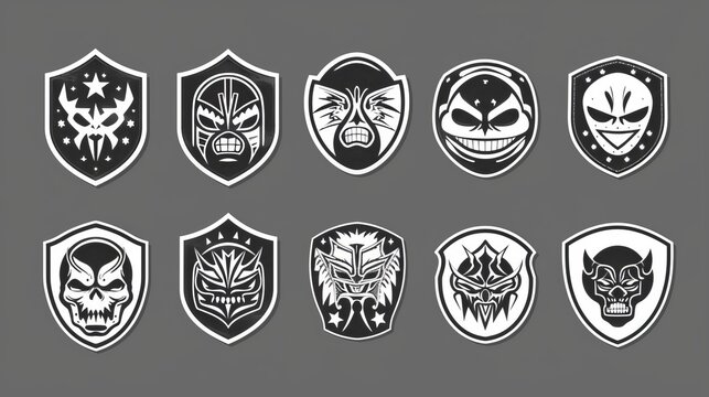 A collection of various monochrome logos featuring different wrestling mask designs, each illustrating unique and iconic styles from the world of combat sports branding.