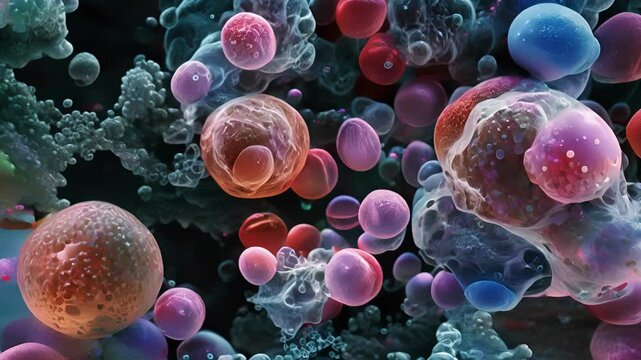 An image of hematopoietic stem cells in the process of differentiating into red cells white cells and platelets.