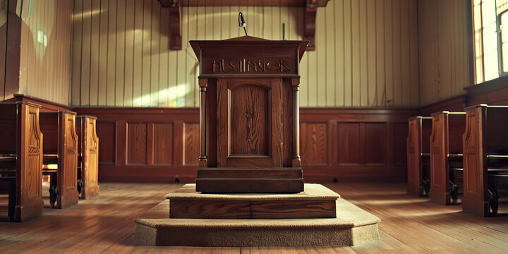 Sermon's Sanctuary: A pulpit carved from solid oak dominates a modest church, awaiting its next preacher.
