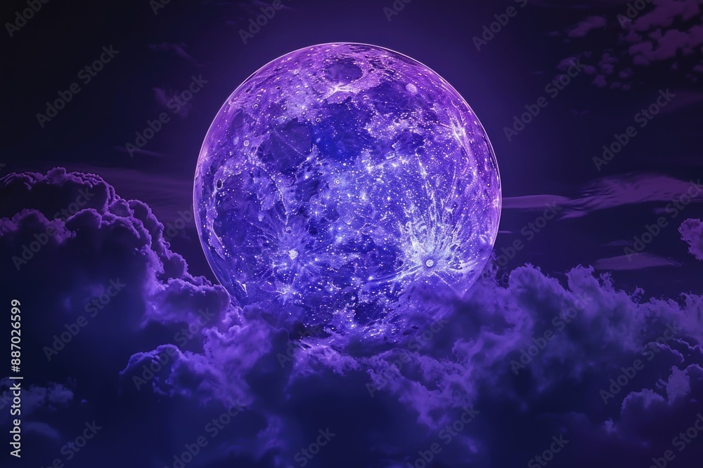Poster a purple full moon visible through cloudy layers of atmosphere