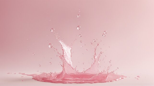 Pink Water Splash: A Refreshing Crown of Droplets, A close-up of a water splash forming a delicate crown-like shape. The soft pink background and gentle lighting,  perfect for beauty, skincare