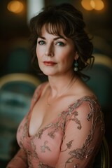 A mature woman wearing a pink dress in a theater alone. Brown-haired woman inside a completely empty theater at night.