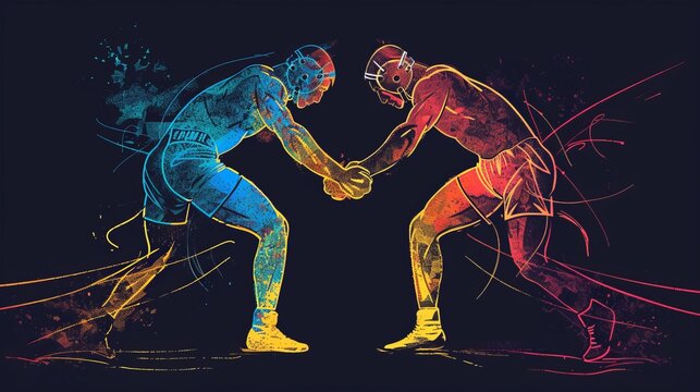 An abstract, colorful illustration of two wrestlers engaged in a match, depicted with flowing lines and bright hues of blue and red. Represents competition and athleticism.