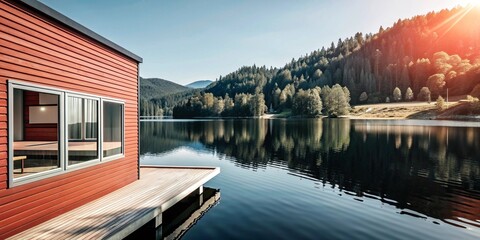 Generative ai. serene mountain lake, red boathouse on wooden dock, reflection of pine trees and snowy peaks in tranquil waters, warm sunset glow on landscape, peaceful nature scene
