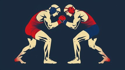 Obraz premium Illustration of two cartoon wrestlers in red and blue, facing off in colorful stances, capturing the thematic rivalry and energy of wrestling through vibrant artistic styles.