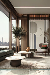 modern interior design, living room in a penthouse with large windows overlooking the city