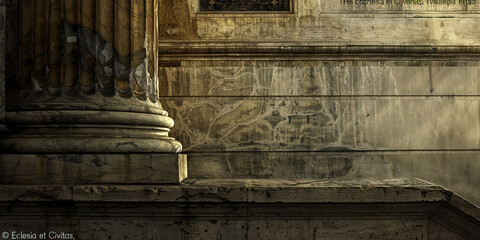 Sacred Separation: A marble wall, bearing the inscription "Ecclesia et Civitas," separates the Vatican from the bustling city beyond.