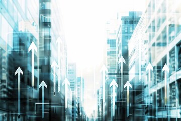 A background of arrows pointing upwards with office buildings in the blurred foreground, representing business growth and success Generative AI