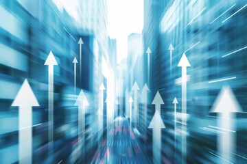 A background of digital white arrows pointing upwards, representing business growth and success in the corporate world, with blurred office buildings on the sides Generative AI