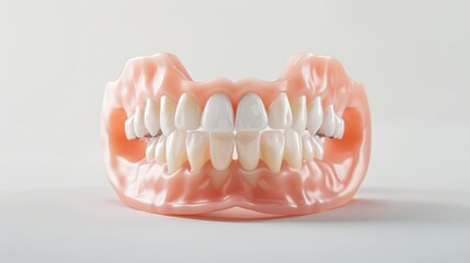 Obraz premium Artificial teeth (dentures) supported by 4 implants in the lower jaw, shown on a white background.