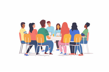 A group of people sitting around a table with a laptop on it