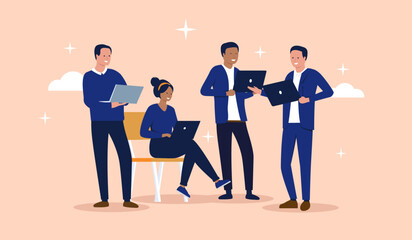 Team of computer workers - Four developers in business working on laptops smiling and being great together. Digital teamwork concept in flat design vector illustration with beige background