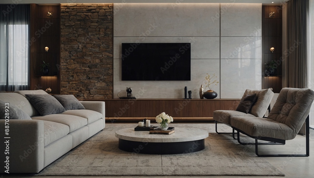 Wall mural Interior of a chic modern living room featuring light wall