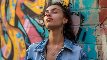 Fototapeta premium A young woman in a denim jacket stands confidently against a wall with colorful graffiti. Her eyes are closed and she is looking upwards, possibly in thought or reflection