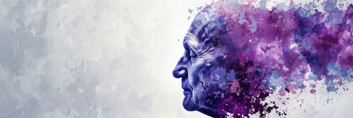 World Alzheimer's Month. Horizontal banner, free space for text. Portrait of an old person symbolizing brain dysfunction Memory loss, disorientation, degenerative disorder Taking care of mental health