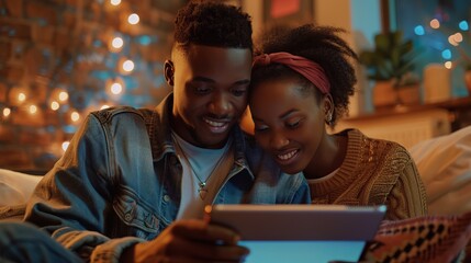 A smiling young couple closely watching content on a tablet, illuminated by warm lights, in a cozy setting, highlighting their shared interest and joy in embracing technology together.