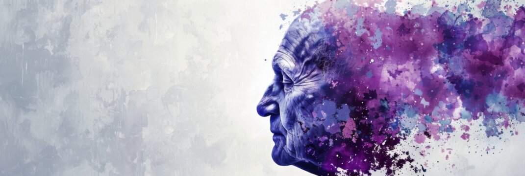 World Alzheimer's Month. Horizontal banner, free space for text. Portrait of an old person symbolizing brain dysfunction Memory loss, disorientation, degenerative disorder Taking care of mental health