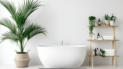 Fototapeta premium A modern bathroom with a white bathtub, a grey bath mat, a wooden stool, a plant, and white towels