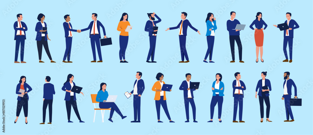 Poster businesspeople illustrations collection - set of office working people using laptop computer and dev