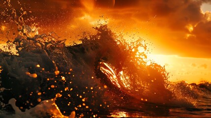 Silhouette of stormy waves against a sunset, warm and cool tones blending