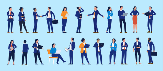 Businesspeople illustrations collection - Set of office working people using laptop computer and devices, standing, talking and working in various poses. Flat design side view vector characters