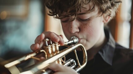 Obraz premium A young musician intensely playing the trumpet in an indoor setting, highlighting the dedication to his craft, with a focus on the brass instrument and detailed hand positioning.