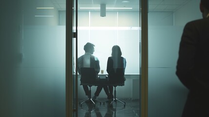 A professional business meeting takes place in a glass-walled conference room, with clarity and collaboration key highlights, showcasing a modern workspace and teamwork ethos.