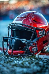 Fototapeta premium Red Football Helmet Lying On The Sidelines After A Game