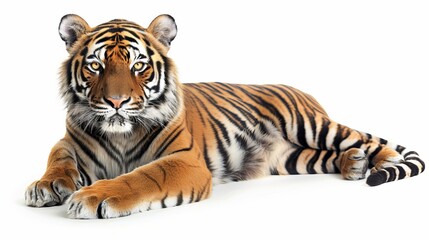 Naklejka premium A tiger is lying down and staring forward intently, set against a white background. The image highlights the tiger’s captivating gaze and relaxed yet powerful presence.