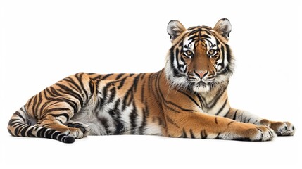 A tiger is resting gracefully on a white studio background, highlighting its striking features and serene demeanor, representing the perfect blend of power and calmness in wildlife.