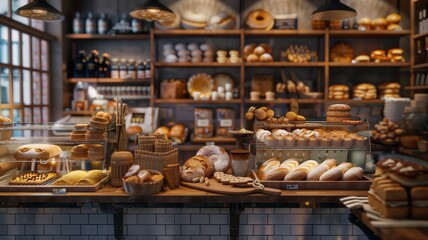 A bakery showcase filled with delicious fresh pastries, buns, and bread