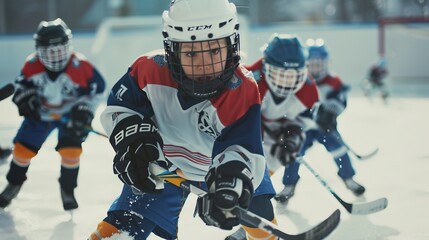 Young ice hockey players clad in protective gear and colorful uniforms energetically compete in an outdoor match, embodying the spirit of teamwork, competition, and winter sports.