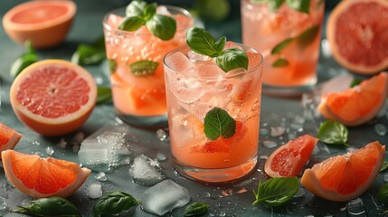 Grapefruit slices, basil leaves, and ice cubes surround three glasses filled with refreshing grapefruit basil cocktails.