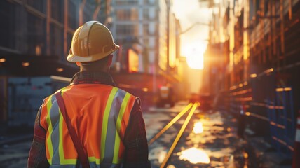 Obraz premium An engineer wearing a safety helmet and reflective vest surveys a bustling construction site