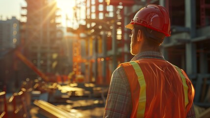 An engineer wearing a safety helmet and reflective vest surveys a bustling construction site