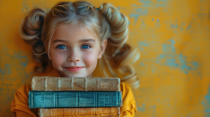 Little smiling girl holding pile of books on light blue background. Back to school, early education, reading, library concept , copy space