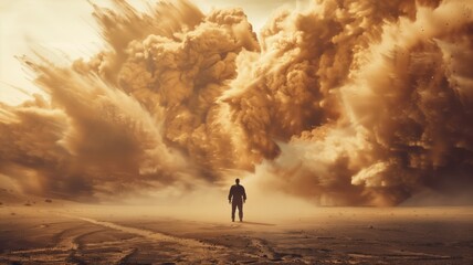 A man stands in front of a large, dusty cloud caused by an explosion in a desolate landscape