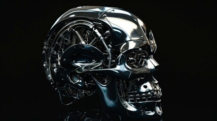 A shiny, futuristic high-tech cyborg robot skull with intricate mechanical details