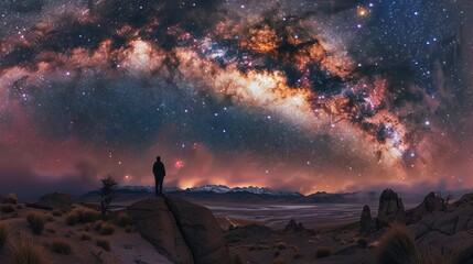 A silhouette of a person standing on rugged terrain, gazing at the brilliantly lit Milky Way galaxy arching over snow-capped mountains and an expansive landscape.