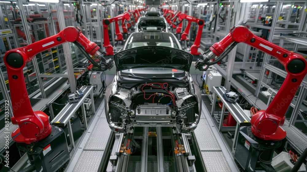 Wall mural electric car manufacturing at an advanced factory. robots assist in assembling vehicles, including b