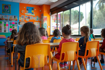 Obraz premium A group of children sit in orange chairs at a desk